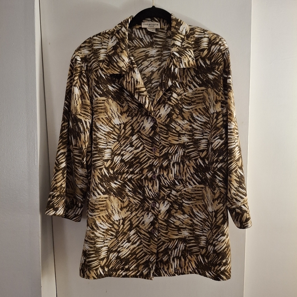 Notations Woman Brown and Cream Patterned Button Down Shirt